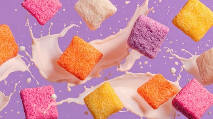Colorful square treats in mid-air, surrounded by milk splashes.