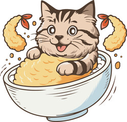 Japanese Food Logo with Cute Cat in Tempura Bowl – Mascot Vector Design