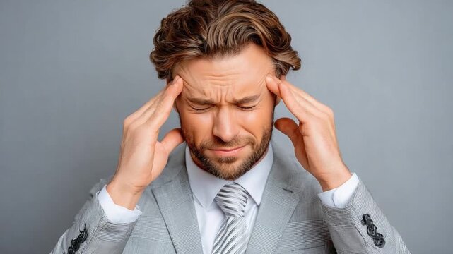 Man in Distress: A close-up shot of a concerned man, wearing a suit and tie, gripping his temples in a moment of evident distress.