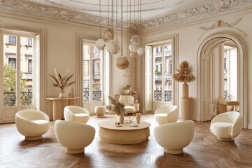 Beige living room with modern, rounded furniture and hanging lights