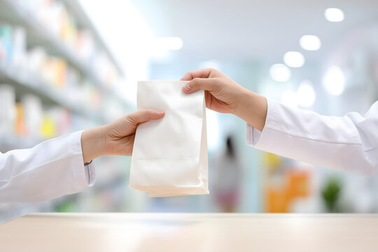 Pharmacist Handing Over Paper Medicine Bag to Customer