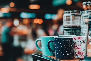 Colorful mugs on a market stall