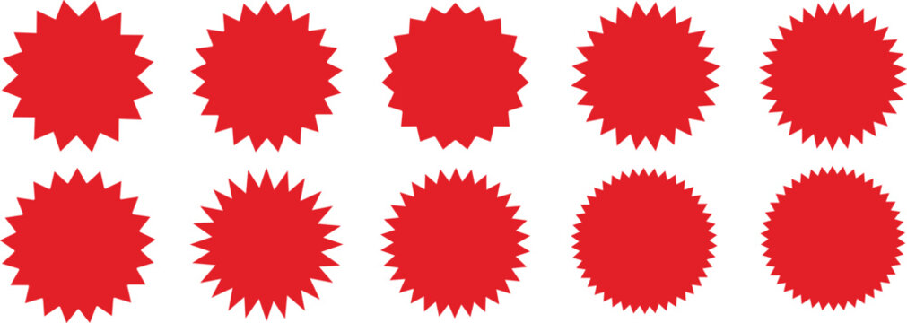 Set of red starburst. Price sticker, sale sticker, price tag, starburst, quality mark, retro stars, sale. Circle sticker set. red starburst shape tags for price tags	