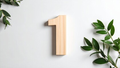Wooden number one with green leaves