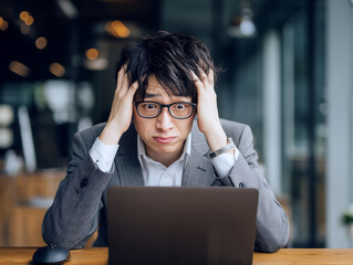 パソコン作業に悩むスーツ姿の日本人ビジネスマン