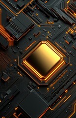 Fototapeta premium Futuristic black circuit board with glowing golden elements and advanced central chip featuring orange neon lightning details for high-tech wallpaper or cover art