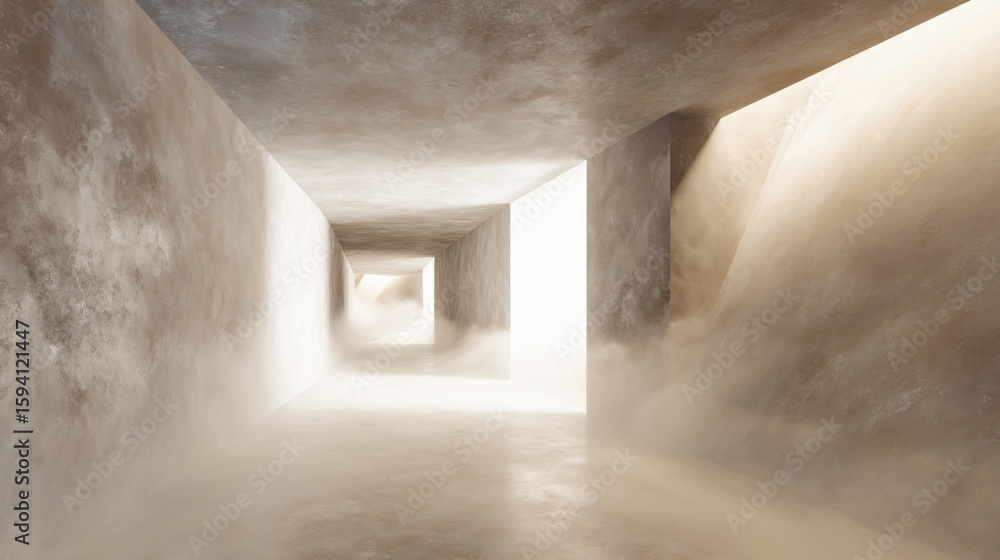Poster a minimalist tunnel shows walls with soft textures and diffused light evoking a dreamlike quality.