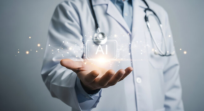Medical professional holding artificial intelligence technology for advanced healthcare solutions