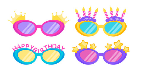 set of festive sunglasses with colorful frames, adorned with crowns, candles, and stars, featuring the text Happy Birthday, for a festival and celebratory design.