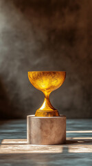Glowing gold trophy shining brightly on a luxurious velvet podium under a dramatic spotlight. Soft subtle bokeh in the background adds depth and elegance, symbolizing achievement, victory, and prestig