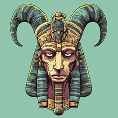 Ancient Egyptian Goat Demon Head Illustration with Hieroglyphs and Gold Accents. Mythology Portrait