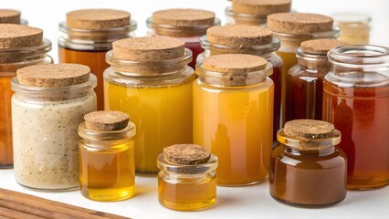 Collection of small glass bottles filled with amber liquids and natural ingredients for aromatherapy and wellness