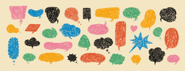 Crayon Speech Bubble set. Various colorful text boxes with charcoal texture. Kids doodle drawing. Vector chat frames in trendy Y2K Style.