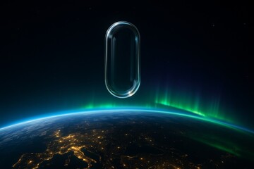 Glass Capsule Floating Over Earth with Northern Lights Glow