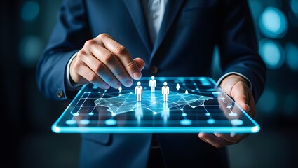 Businessman interacting with a futuristic digital interface displaying global connections and people icons