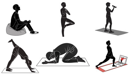 Fototapeta premium Vector set of home yoga and wellness silhouettes for fitness and meditation.