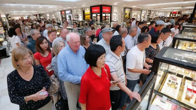 Bustling Retail Rush: A crowded retail environment is bustling with shoppers eagerly browsing the merchandise, creating a sense of energetic consumerism and the thrill of retail therapy. 