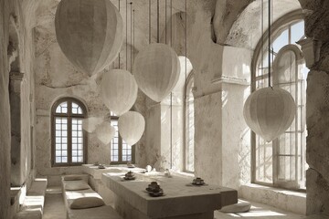 Beige interior with hanging paper lamps