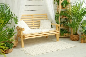 Wooden bench in a plant-filled room