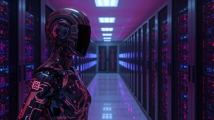 Futuristic Humanoid Robot in Server Room Digital Transformation and Artificial Intelligence
