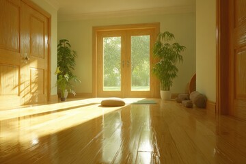 Sunny, tranquil yoga room with hardwood floor