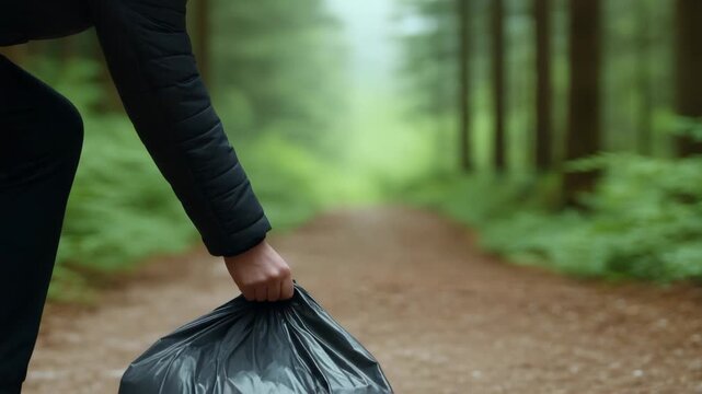Person picking up garbage bag in forest