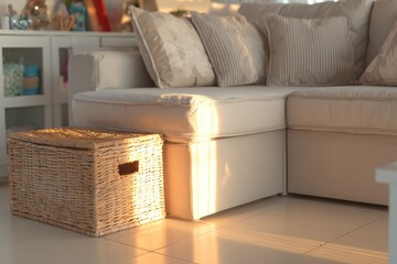 Sunlight streams onto a light beige sectional sofa and wicker storage basket