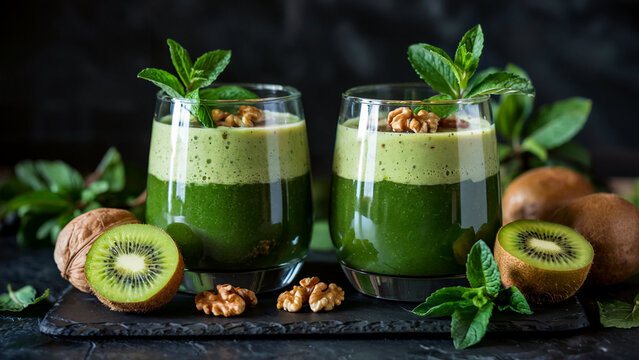 Two refreshing green kiwi smoothies garnished with mint leaves and walnuts on a dark background with whole and sliced kiwis
