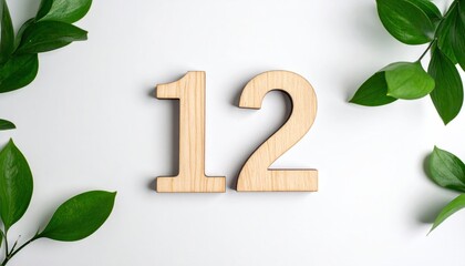 Wooden numbers 12 on white background with leaves