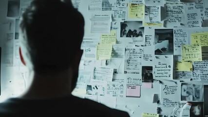 A person examining a wall covered in organized notes and documents.