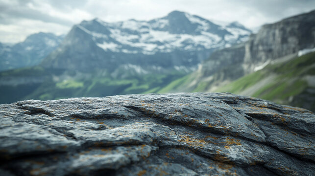 Close-up of rugged mountain rock surface with blurred background showing snow-capped peaks, green slopes, and valley. Scenic natural outdoor landscape ideal for travel, adventure, and product display.