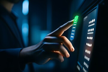 Close up of a person s finger pressing a glowing green button on a digital interface