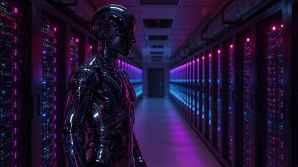 Futuristic AI Robot in Server Room Data Security and High Technology 