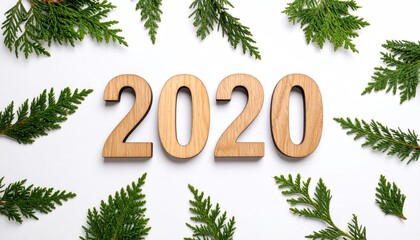 Wooden numbers 2020 with greenery