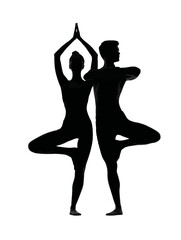 Fototapeta premium Couple Practicing Yoga Together Silhouettes on White Background