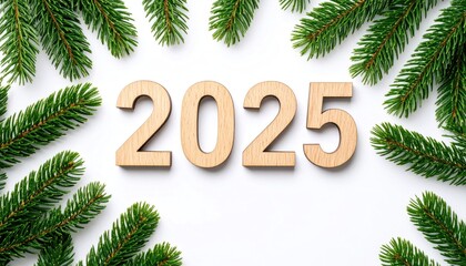 Wooden numbers 2025 surrounded by fir branches