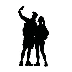Couple Tourist Silhouettes Taking a Selfie with Phone on White Background

