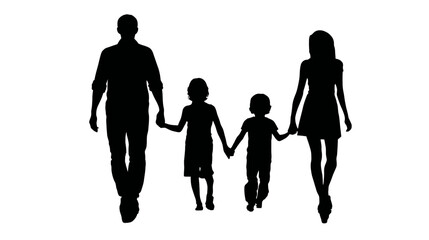 Family of Four Holding Hands Black Silhouettes on White Background


