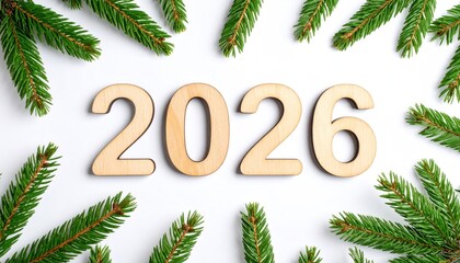 Wooden numbers 2026 surrounded by fir branches