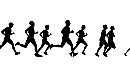 Group of Joggers in Various Running Poses Black Silhouettes on White Background

