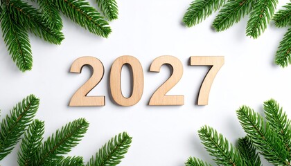 Wooden numbers 2027 framed by fir branches