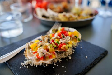 Savor the delightful taste of fresh oysters, elegantly garnished with diced vegetables on a stylish slate platter. Perfect for fine dining and culinary tourism experiences.
