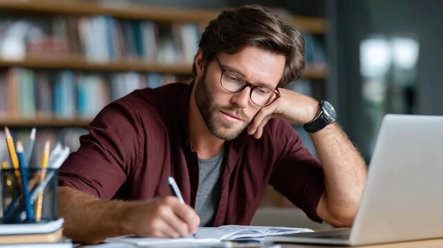 Intense Focus: A studious individual, immersed in concentrated thought, leans over a desk adorned with a laptop and stationery, embodying deep contemplation and intellectual pursuit.