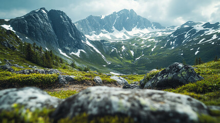 Close-up of rugged mountain rock surface with blurred background showing snow-capped peaks, green slopes, and valley. Scenic natural outdoor landscape ideal for travel, adventure, and product display.