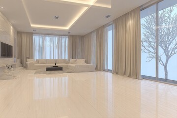 Light-filled, modern living room with large windows