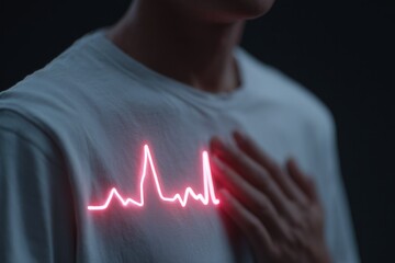 A person's chaotic, rapid heartbeat glows visibly on their chest. This image symbolizes the terrifying physical symptoms of a panic attack, like heart palpitations. Ideal for health awareness visuals.
