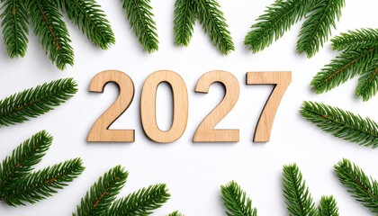Wooden numerals 2027 surrounded by fir branches