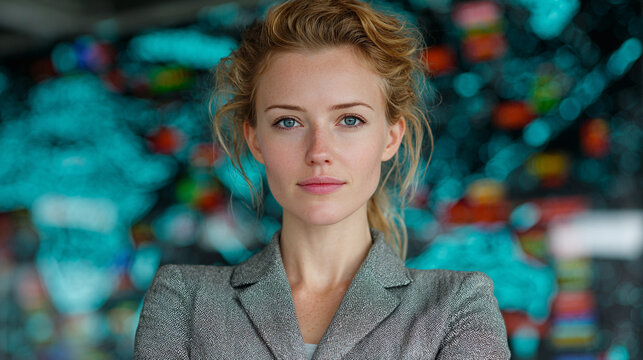 Confident businesswoman in a sleek futuristic environment surrounded by glowing cybernetic interfaces and digital grids. Represents innovation, digital transformation, and the synergy of business and - Powered by Adobe