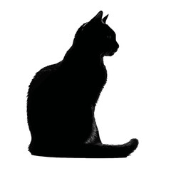 Silhouette of a Cat Sitting Upright with Curled Tail on White Background

