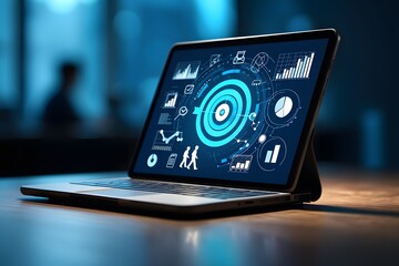 Modern laptop displaying futuristic digital interface with data analytics and icons